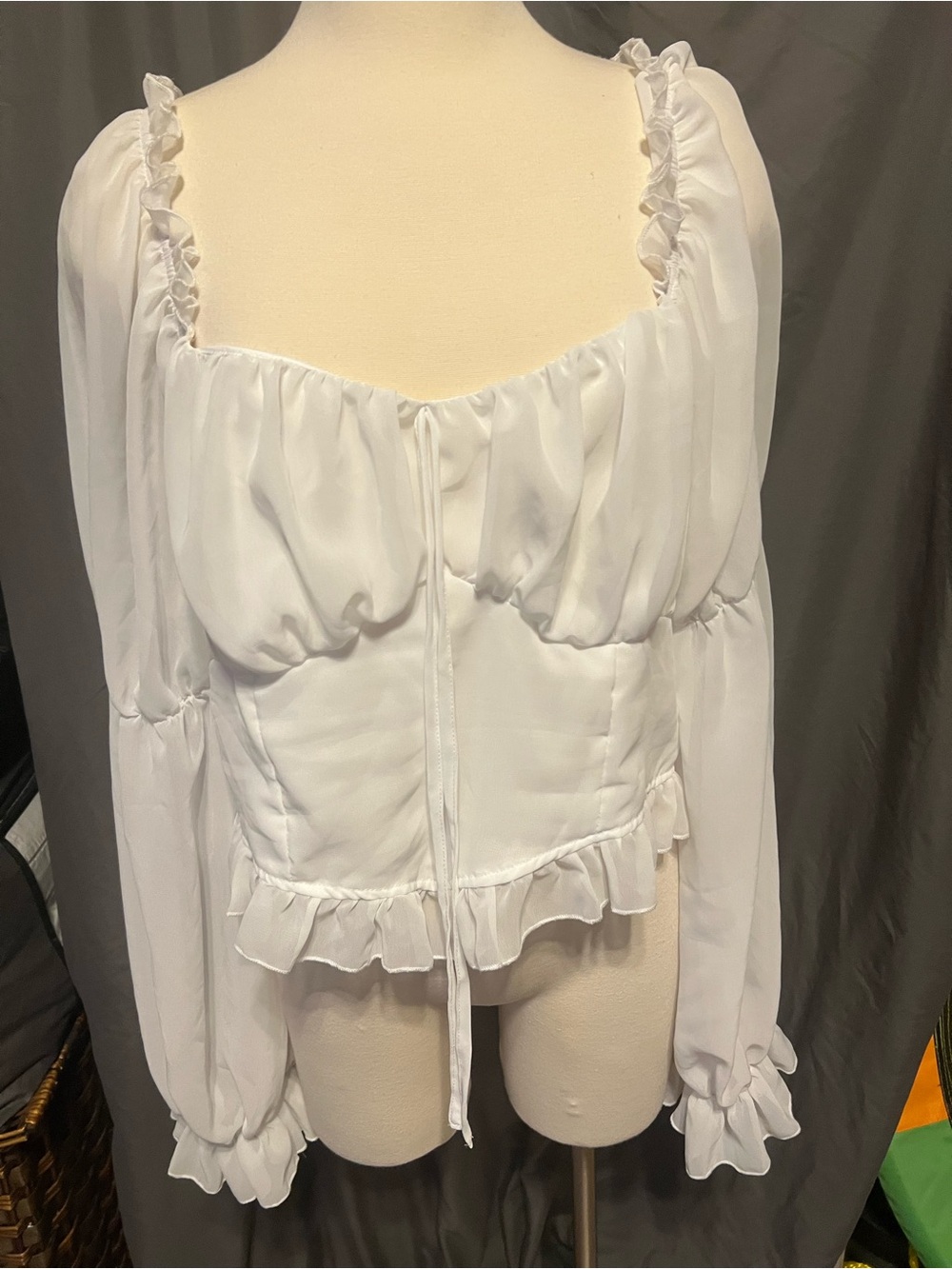 White Ruffle-Trim Long-Sleeve Peasant Blouse